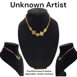 Women's Geometric hammered copper metal shapes mult strand leather necklace